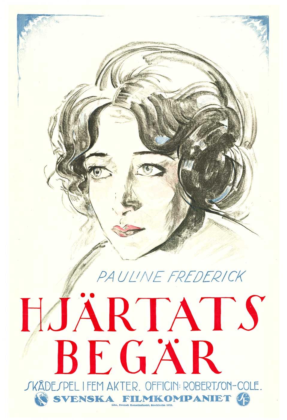 Unknown Portrait Print - Original Hjärtats Begär (Mistress of Shenstone), 1921 Swedish silent movie