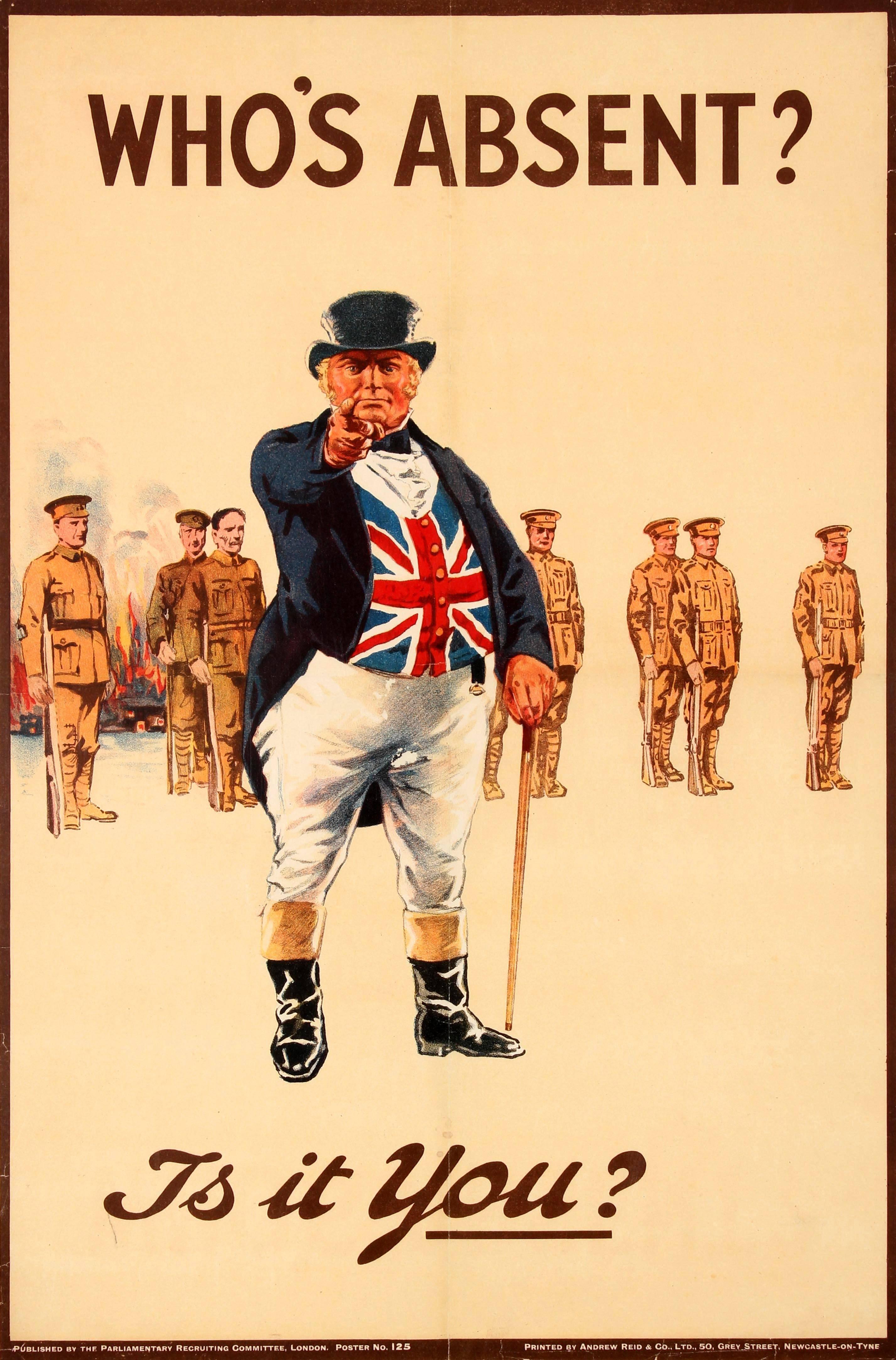 Unknown Print - Original Iconic WWI Recruitment Poster - Who's Absent? Is It You? - John Bull UK
