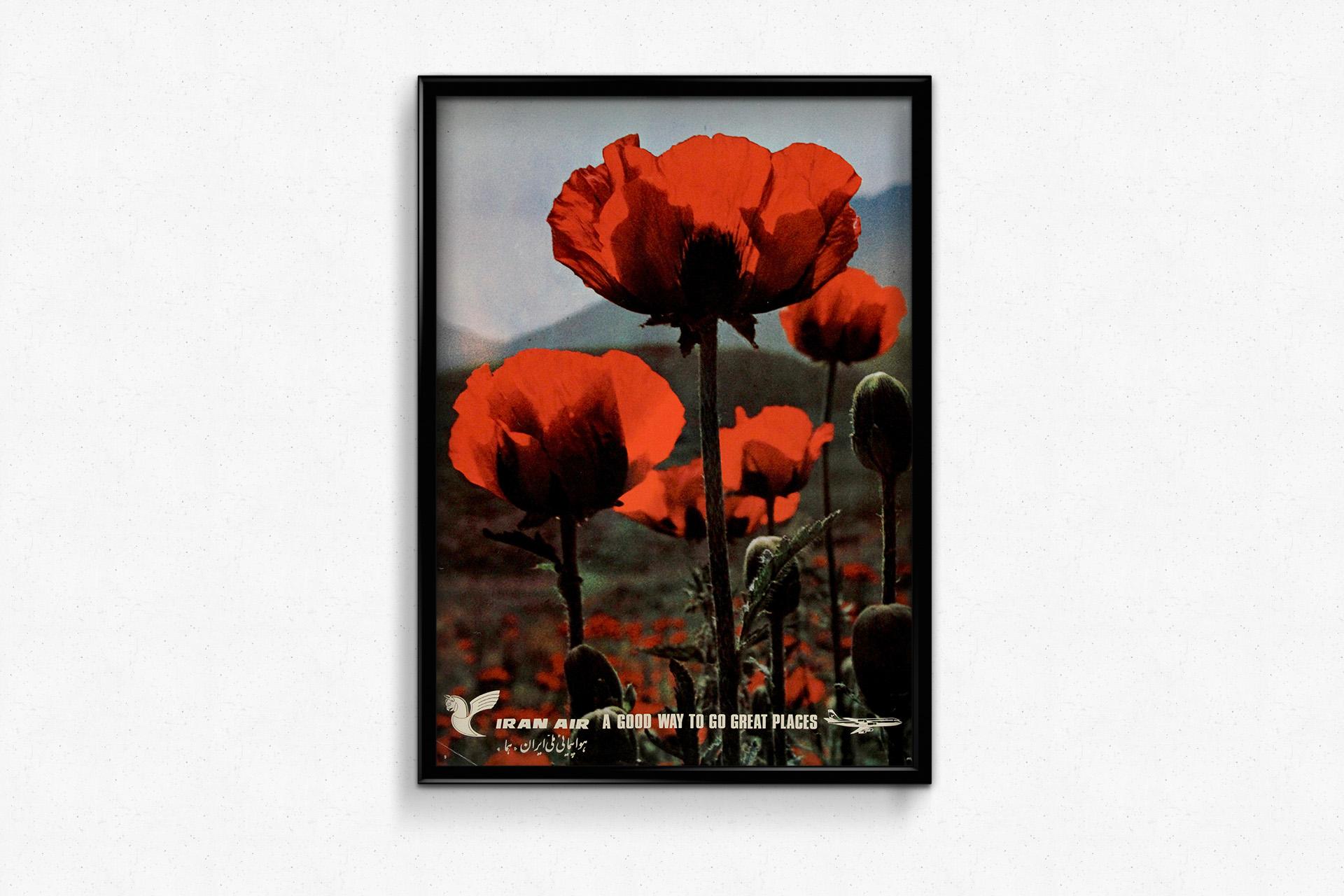 This original Iran Air travel poster encapsulates the airline’s mid-century vision of elegance, adventure, and exotic destinations. Featuring a stunning close-up of red poppies set against a dramatic mountainous backdrop, this poster evokes a sense