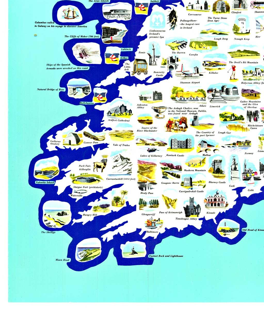 Mappa da viaggio originale dell'Irlanda con poster d'epoca  con supporto in lino - Figurative Print Blu di Unknown