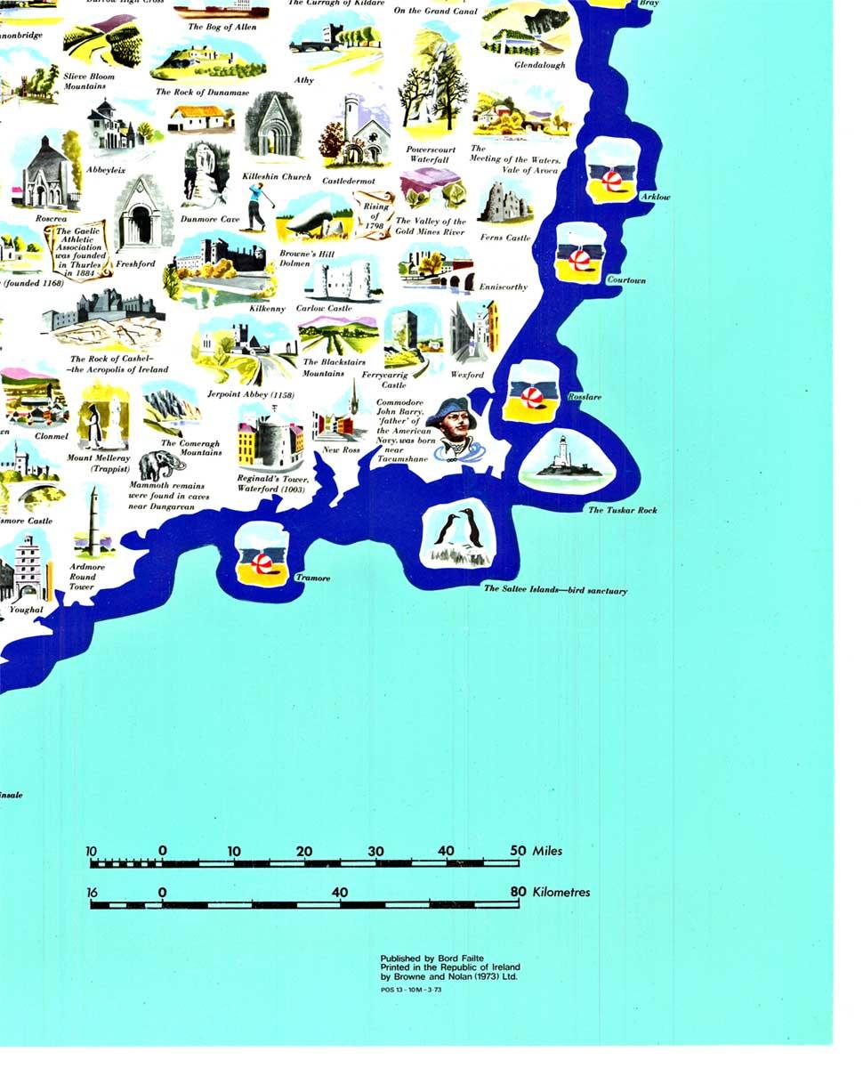 Mappa pittorica originale dell'Irlanda, con supporto in lino d'archivio, grado A, pronta per essere incorniciata. Questo poster non presenta alcun restauro, ha colori vivaci e numerosi dettagli. Browne and Nolan Limited ha stampato il poster della