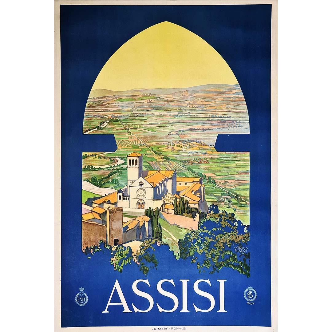 Original Italian poster from 1926. ENIT was founded in 1919 with the mission of promoting Italy as a tourist destination. ENIT's Italian travel posters were printed in collaboration with Ferrovie dello Stato (the Italian railway system).
Assisi is a