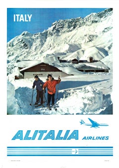 Original Italia, Alitalia Airlines cartel de viaje de esquí de época  Alpes italianos