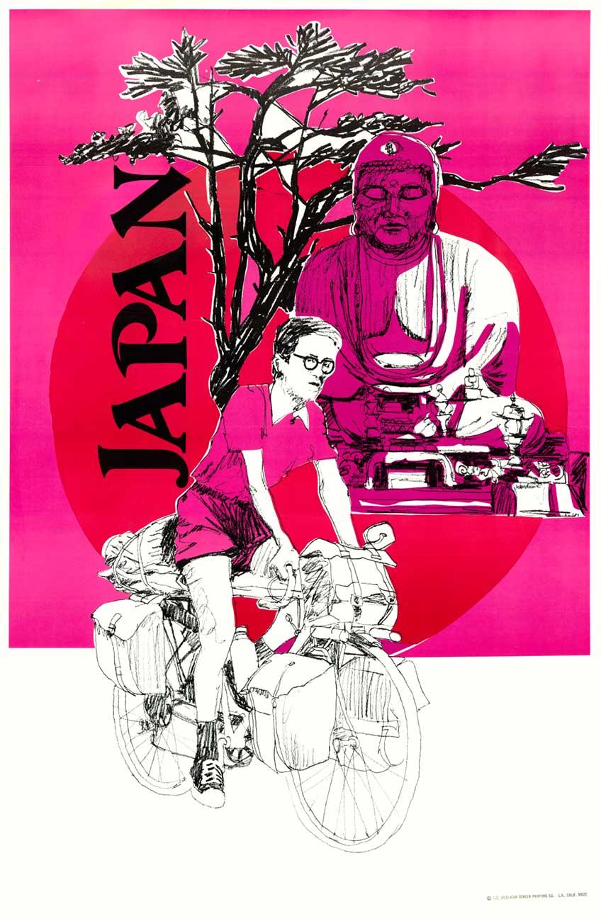 Originales Originalplakat „Japan“ Buddah und Fahrrad-Reiseplakat.