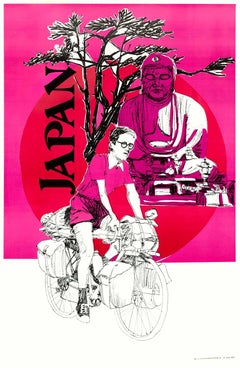 Vintage Original "Japan" Buddah and Bicycle travel poster.