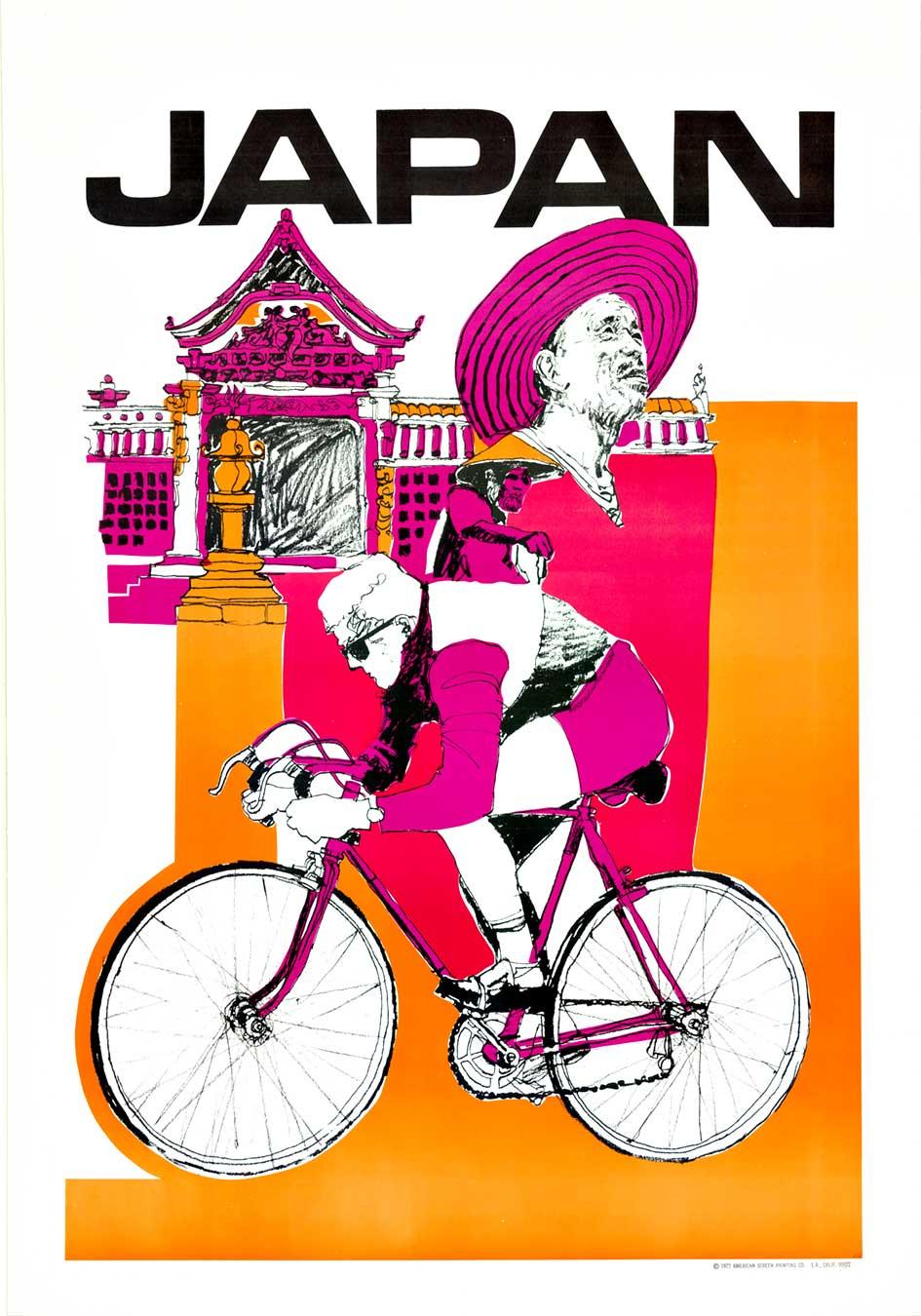 Unknown Landscape Print - Original "Japan" vintage travel poster  serigraph  bicycle