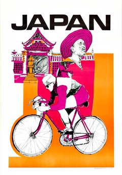 Original "Japan" Retro travel poster  serigraph  bicycle