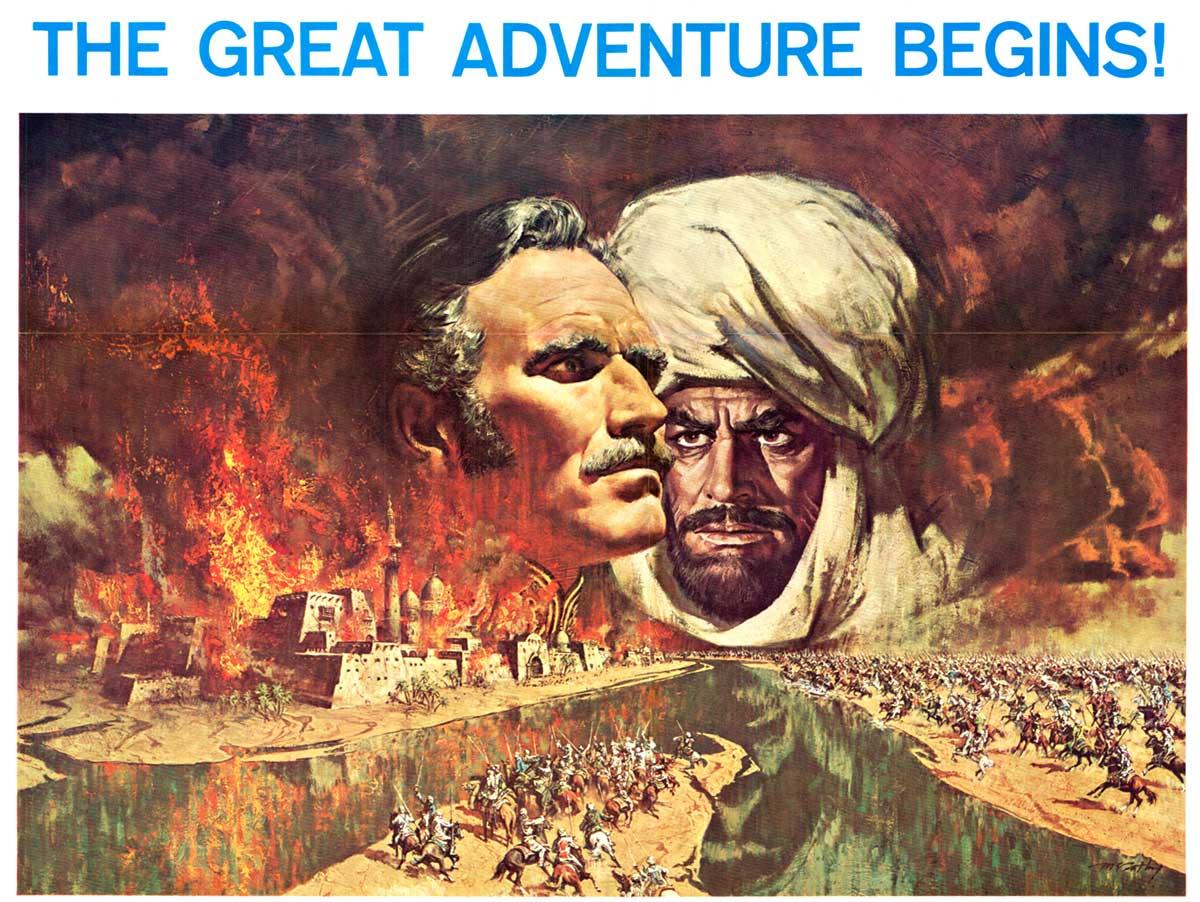 Original Khartoum vintage U. S. 1-sheet Style B, movie poster.  Archival lien-backed in very fine condition, ready to frame.   Original issued movie fold marks restored.  
 - where the Nile dives, the great adventure begins!

Khartoum is a 1966 film