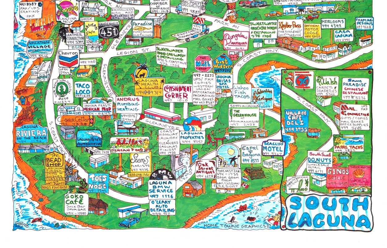 Original Laguna Beach, South Laguna fun map poster, 1998 - American Modern Print by Unknown