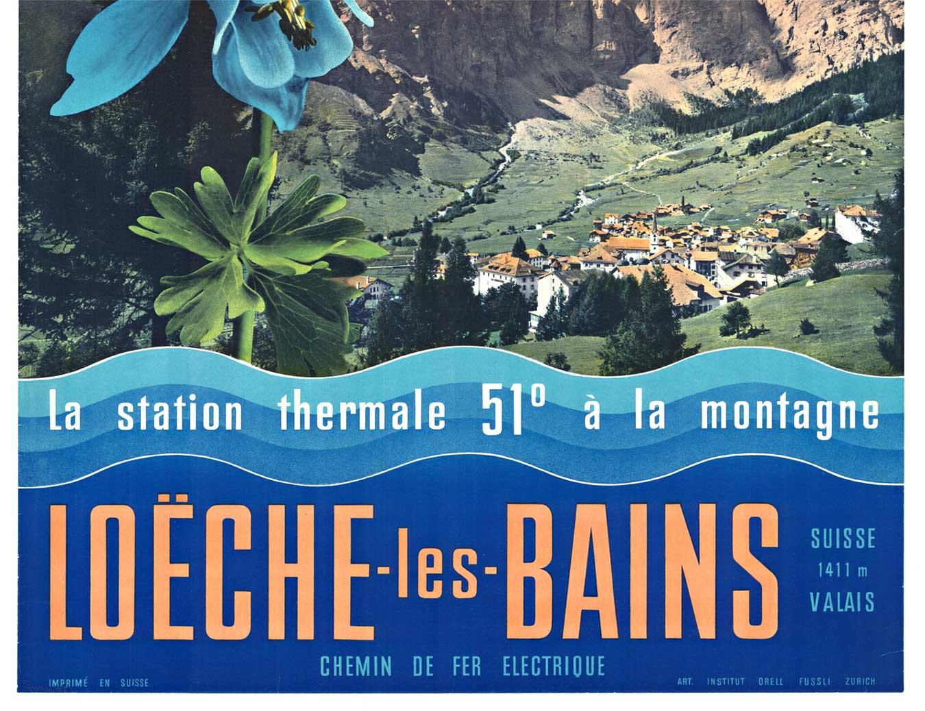 Originales Vintage-Reiseplakat Loeche-les-Baines, Schweizer Spa-Reiseplakat  auch bekannt als Leukerbad (Amerikanische Moderne), Print, von Unknown