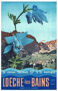 Original Loeche-les-Baines vintage Swiss spa travel poster  a.k.a. Leukerbad