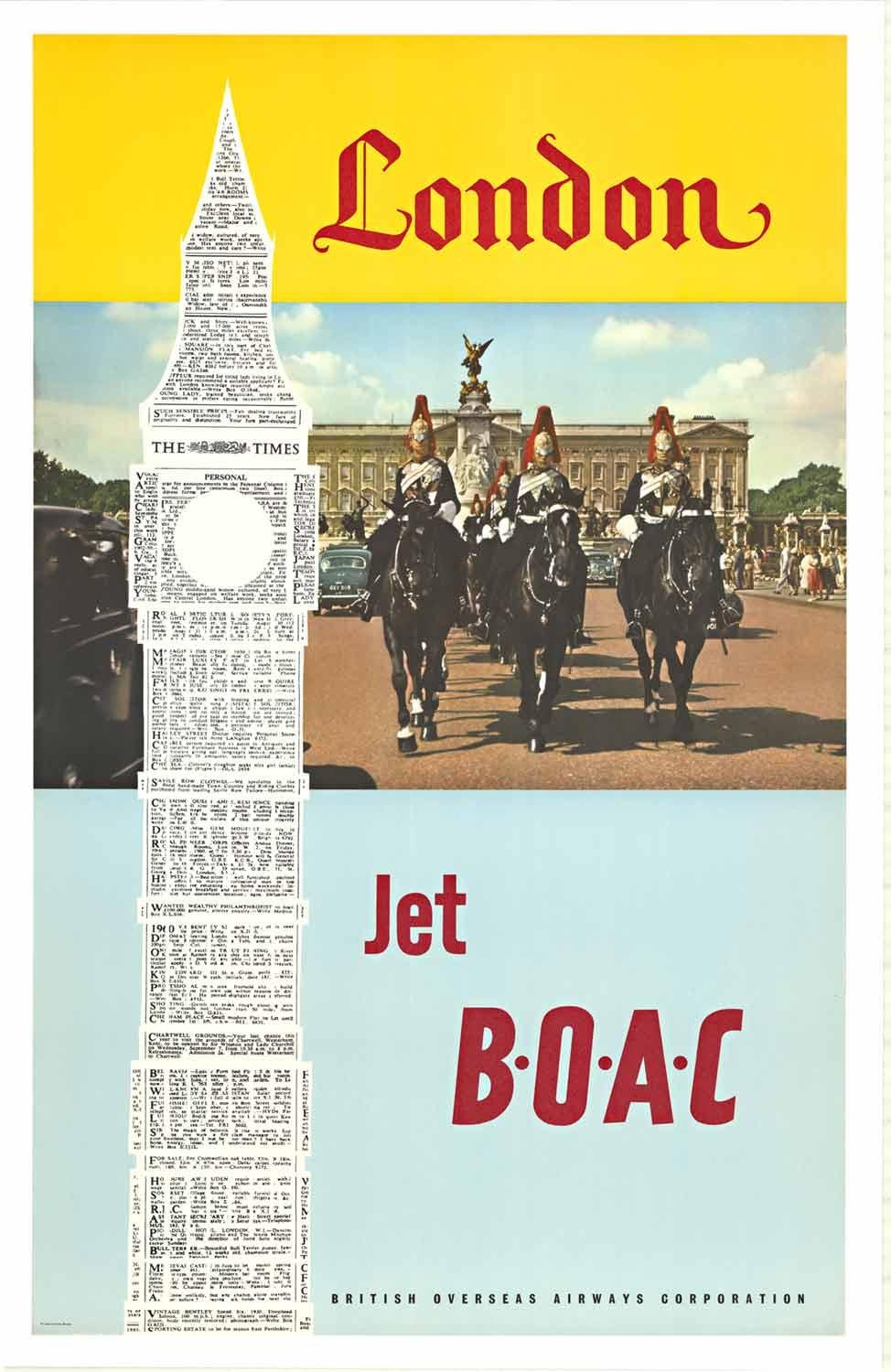 Unknown Landscape Print – Originales Original-Reiseplakat „London Jet BOAC – Vintage.   Britisch-Overseas Airways Co
