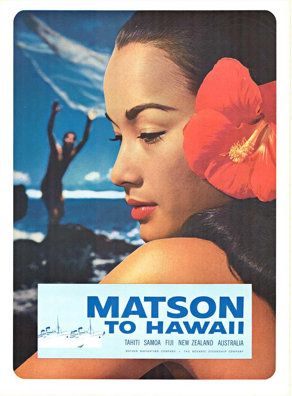 Affiche de voyage vintage Matson to Hawaii Cruise Ship (en anglais)