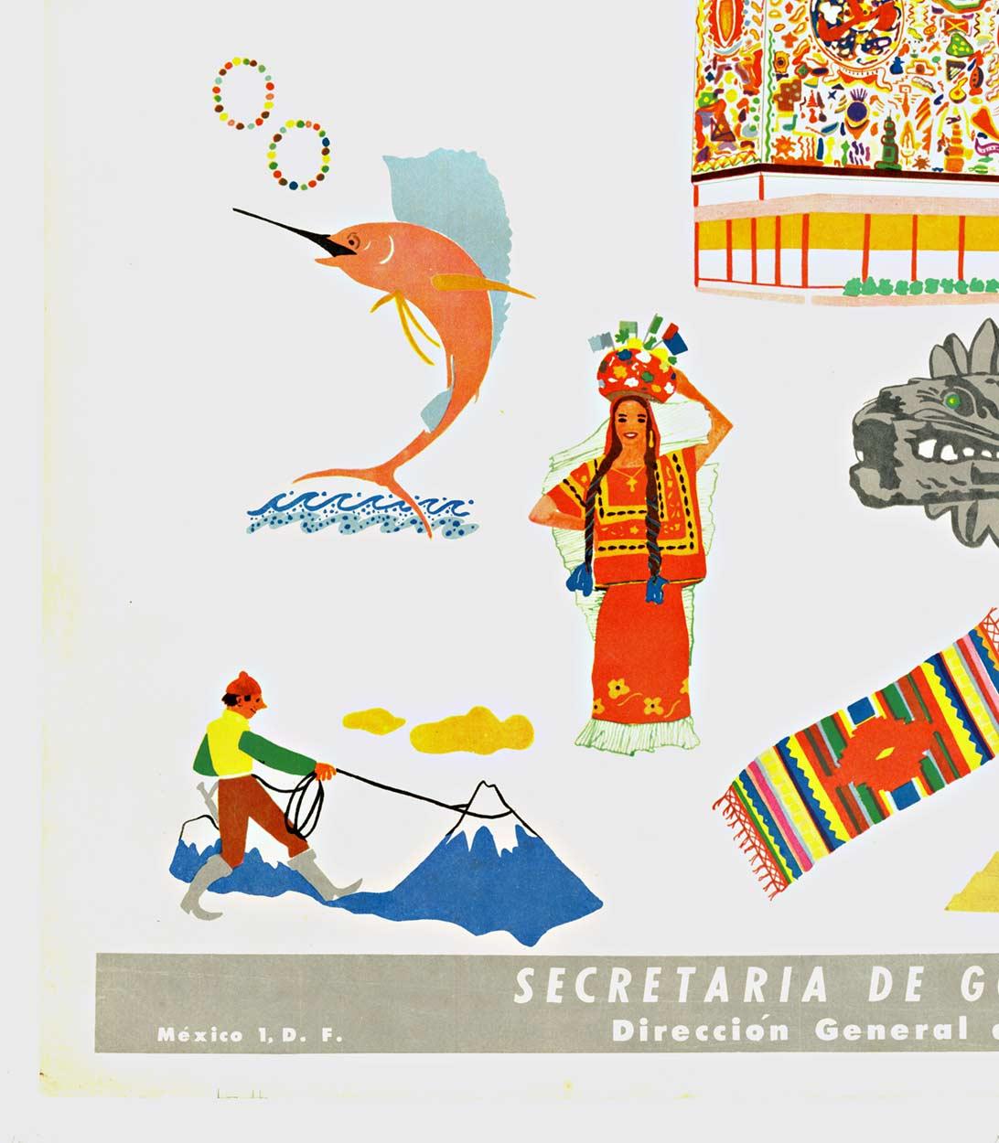 Original MEXICO, Pais de Maravillas vintage Reiseplakat, Leinen hinterlegt. (Beige), Figurative Print, von Unknown