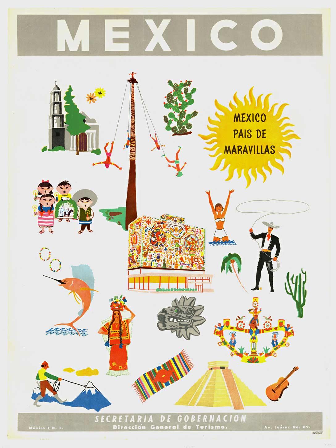 Original MEXICO, Pais de Maravillas vintage travel poster, linen backed.