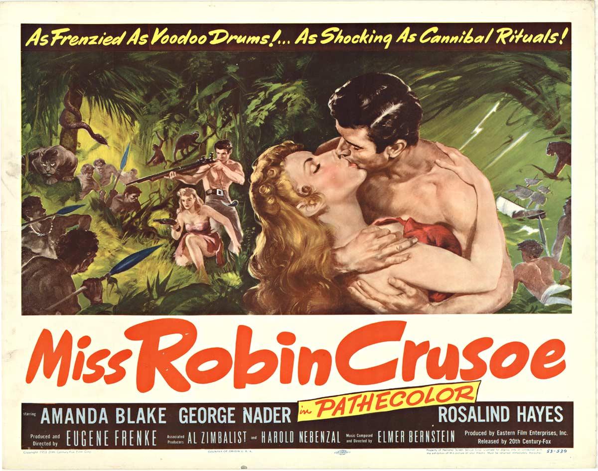 Affiche de film vintage d'origine Miss Robin Crusoe, 1953.  demi-feuille