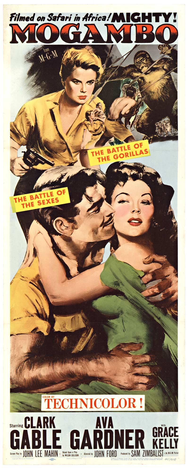 Original 'Mogambo' movie poster insert, 1953, linen backed w. Clark Gable