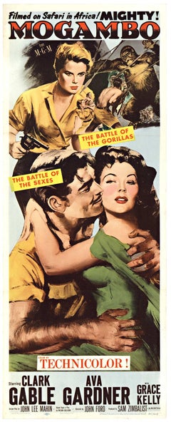 Retro Original 'Mogambo' movie poster insert, 1953, linen backed w. Clark Gable