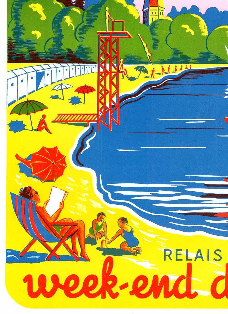 Cartel de viaje francés de época original de Nantua son Lac - Figurative Print Azul de Unknown