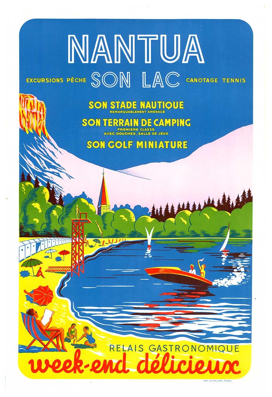 Figurative Print de Unknown - Cartel de viaje francés de época original de Nantua son Lac