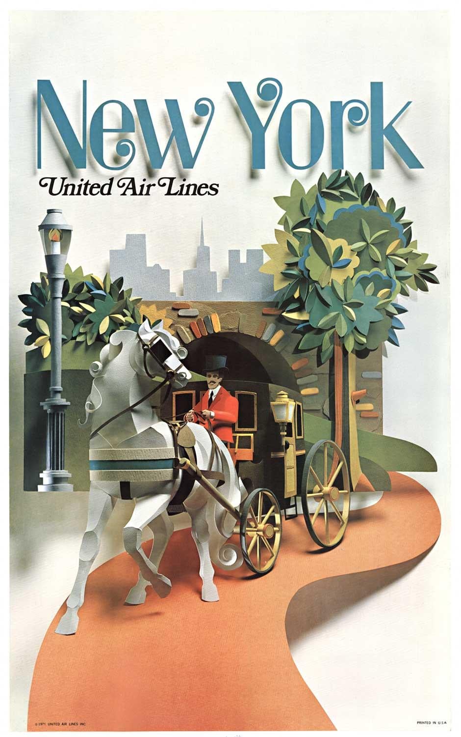 Original "New York United Airlines" vintage travel poster  Central Park