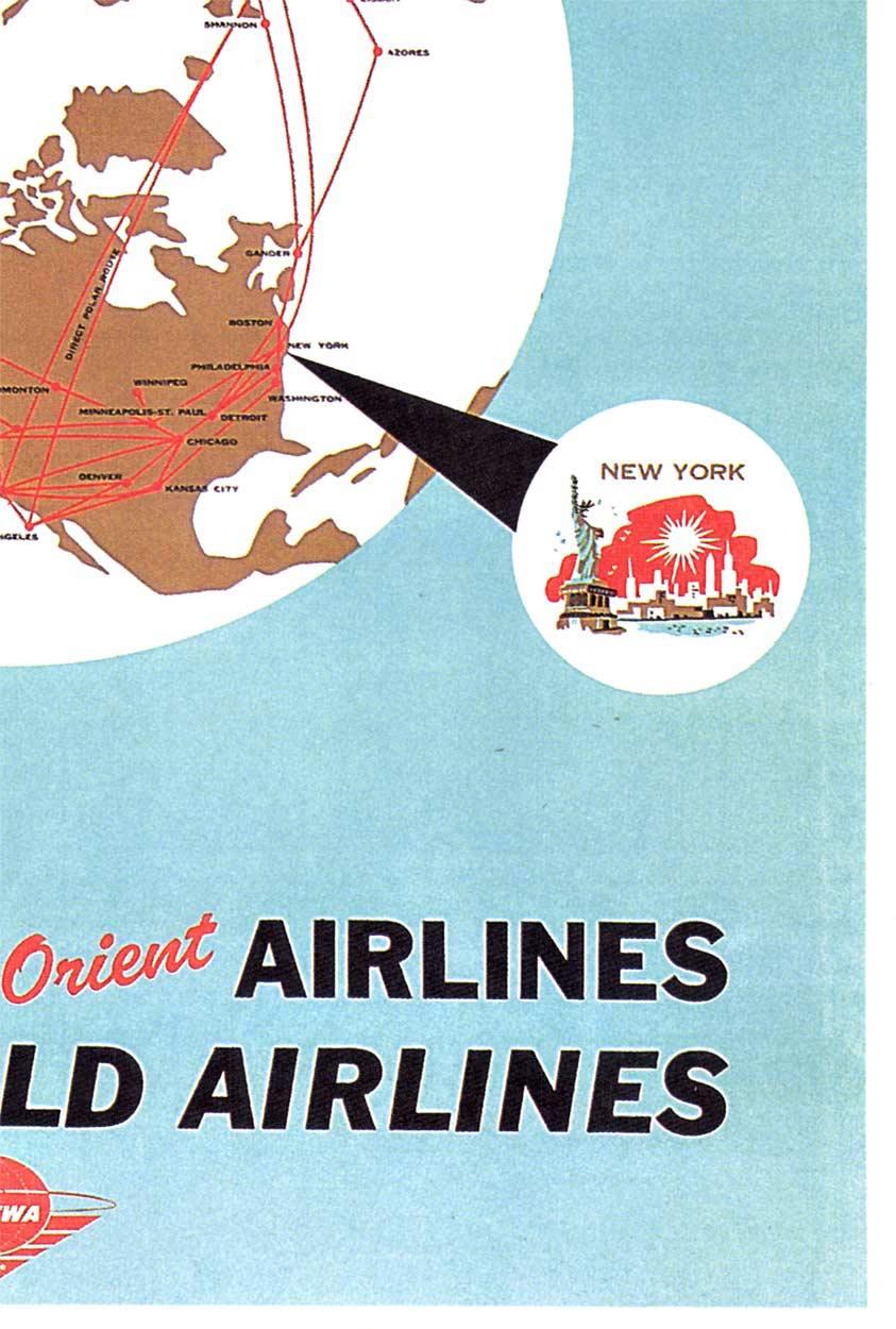 Original poster:  NORTHWEST ORIENT AIRLINES, TRANS WORLD AIRLINES poster.   Description
There’s a New Way Around the World / Northwest Orient Airlines – Trans World Airlines. Circa 1958.   Excellent condition, linen-backed, ready to frame.

