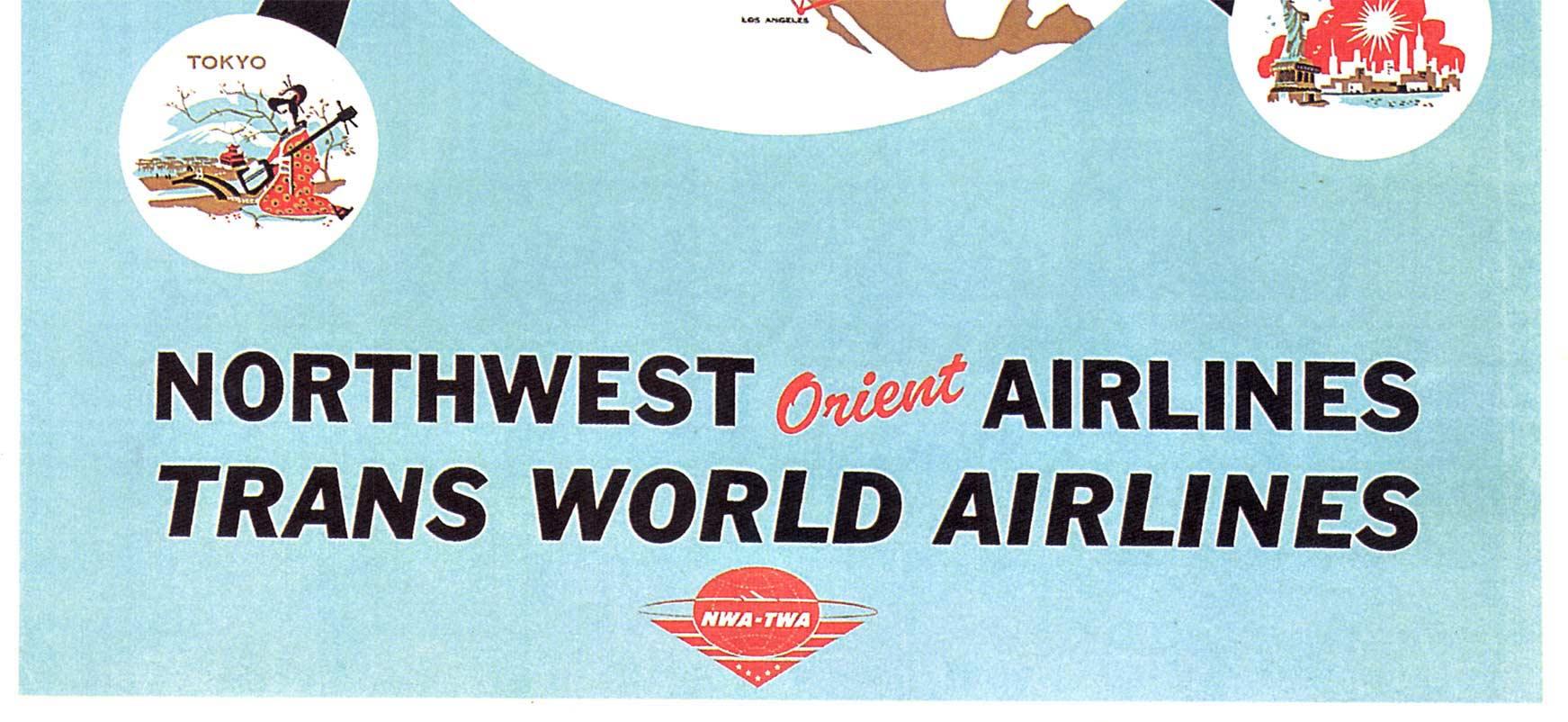 Original Northwest Orient and Trans World Airlines vintage travel poster For Sale 1
