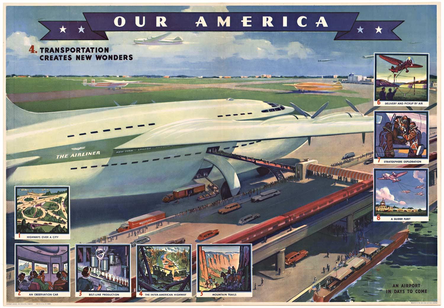 Affiche vintage originale "Notre Amérique, les transports créent de nouvelles merveilles" 1943