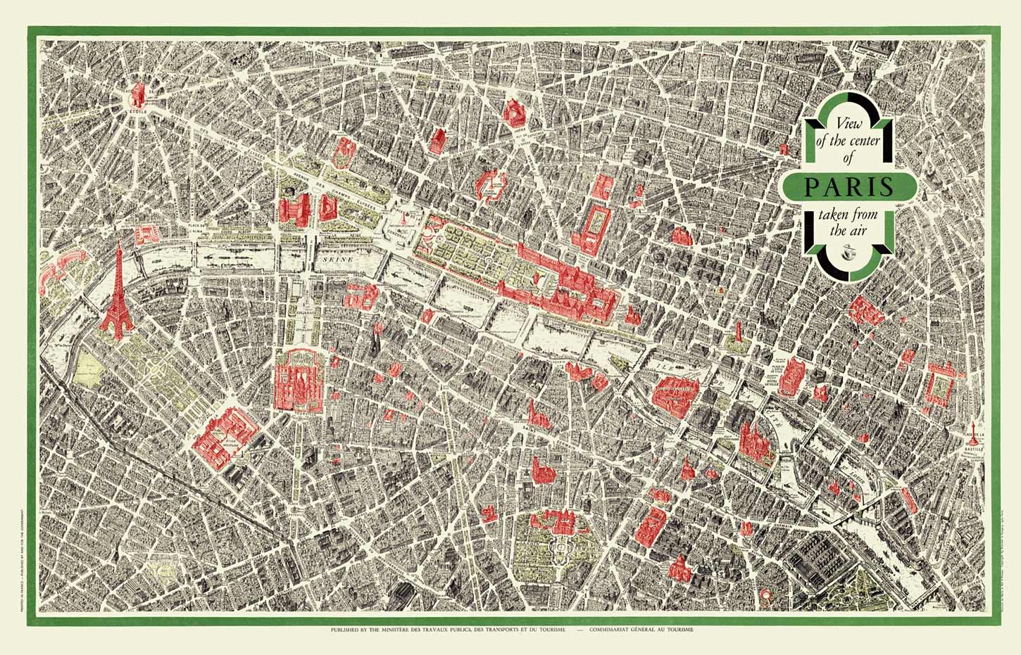 Unknown Figurative Print - Original Paris “View of the Center Taken from the Air” – 1950 - Linen-backed, A