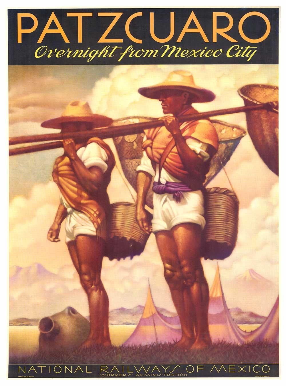 Poster originale delle Ferrovie Nazionali del Messico di Patzcuaro per il pernottamento da Città del Messico