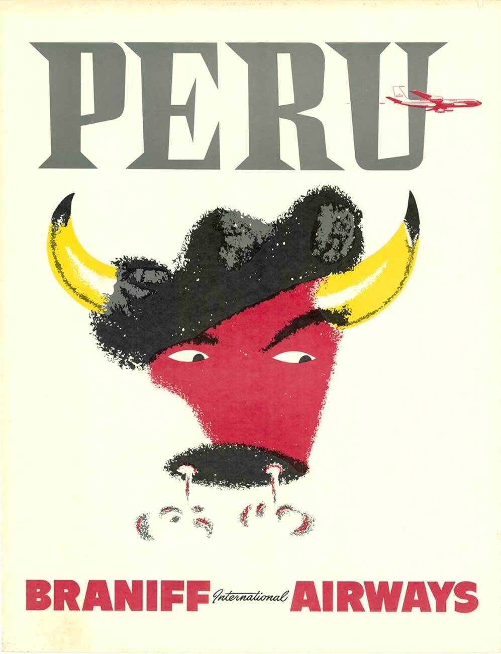 Animal Print Unknown - Affiche de voyage vintage originale de PERU Braniff International Airways