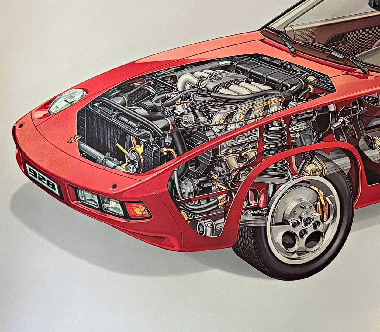 Original Porsche 928 Cutaway Techical Art vintage automotive poster - Print by Unknown