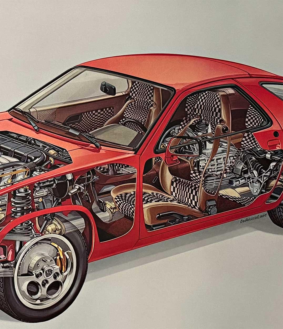 Original Porsche 928 Cutaway Techical Art vintage automotive poster - American Realist Print by Unknown