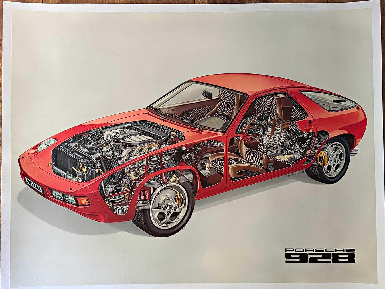 Originale Porsche 928 Cutaway Techical Art poster automobilistico vintage