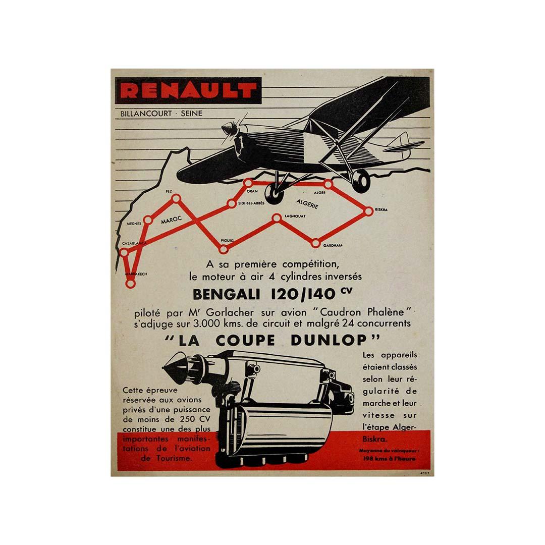 Cette affiche originale d'époque célèbre le succès de Renault dans la Coupe Dunlop, une prestigieuse compétition aérienne pour avions légers. Avec son design Art déco, l'affiche met en avant le moteur Bengali 120/140 CV, un moteur quatre cylindres