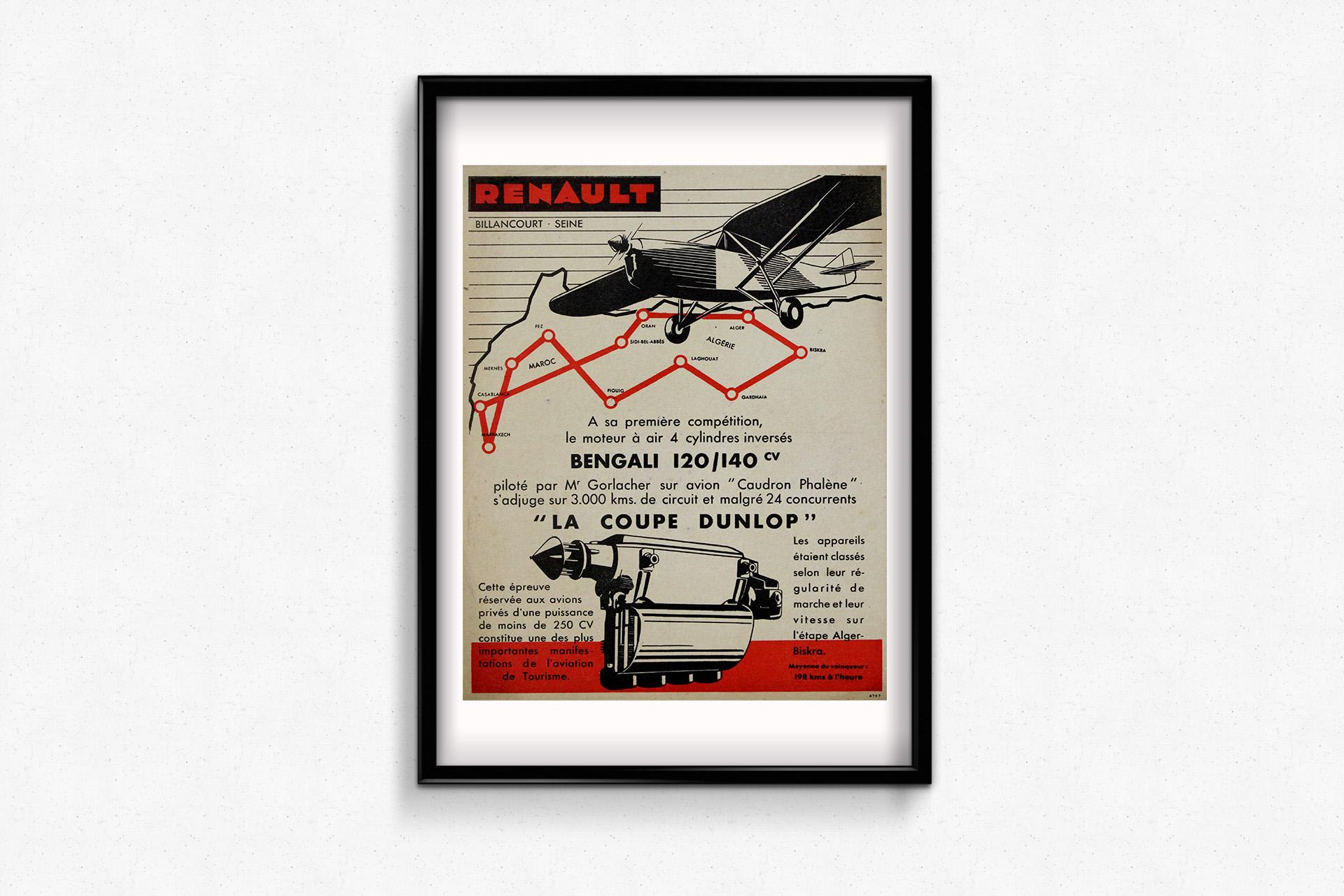 L'affiche originale célèbre les succès de Renault dans le domaine de l'aviation avec la Coupe Dunlop. en vente 2