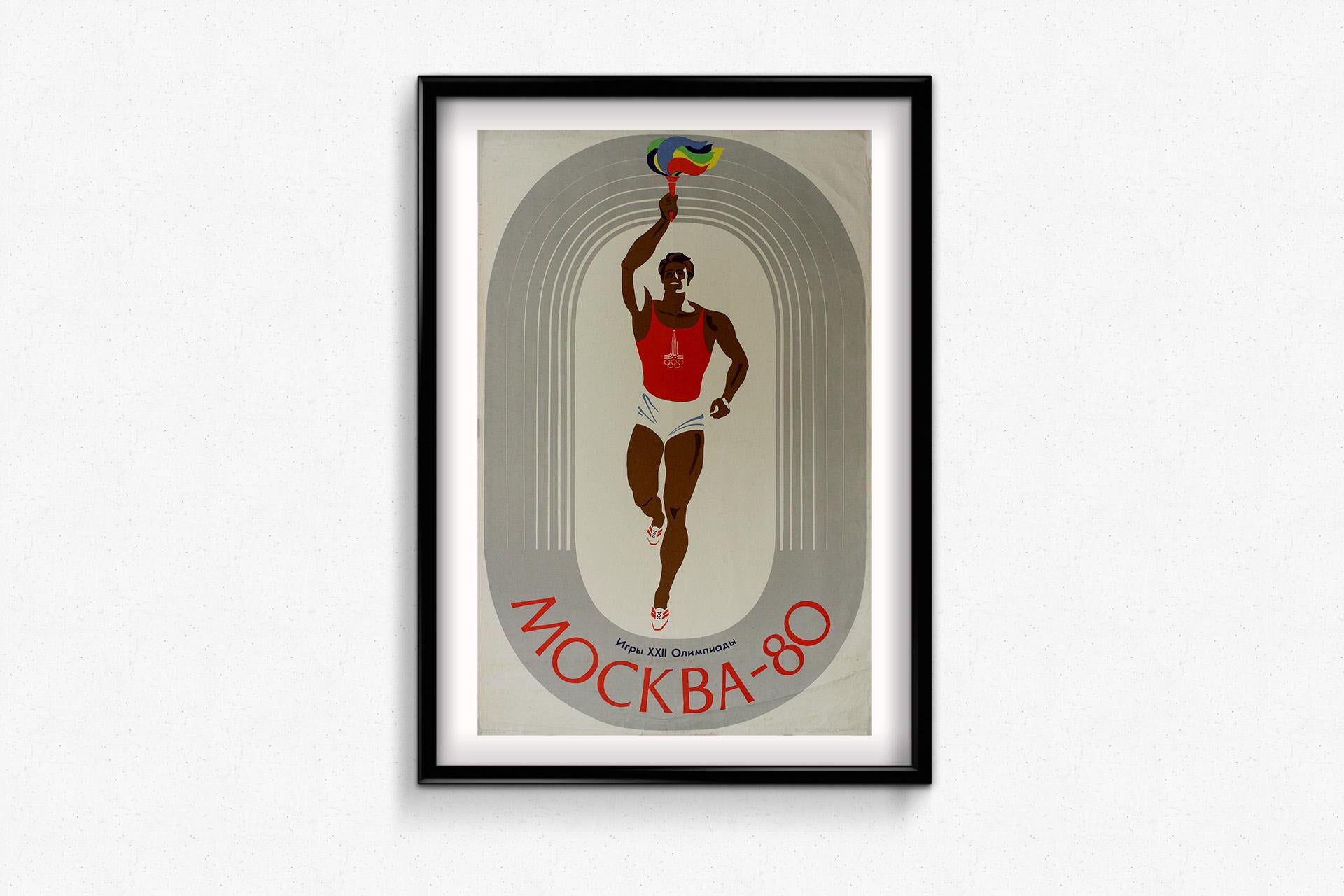 This striking 1979 original poster was created in anticipation of the XXII Olympic Games, held in Moscow in 1980. With bold Soviet-era graphic design, the image captures the triumphant energy of the Olympic spirit, featuring a determined torchbearer