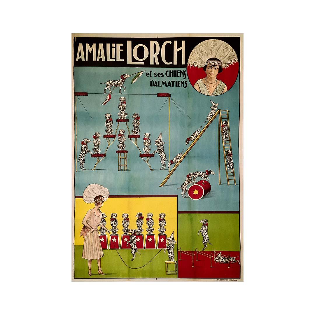 This striking original poster from the 1930s captures the charm and novelty of Amalie Lorch, a remarkable female performer known for her touring act with an entire troupe of trained Dalmatian dogs. Designed in the heyday of variety theatre and