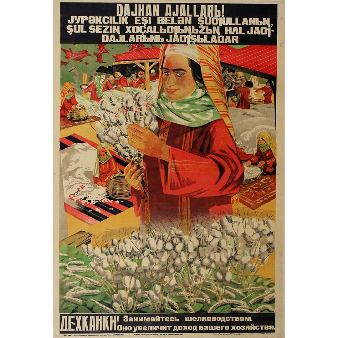 Originalplakat aus Usbekistan ermutigt Bauern, sich mit der Serikultur zu beschäftigen – Print von Unknown