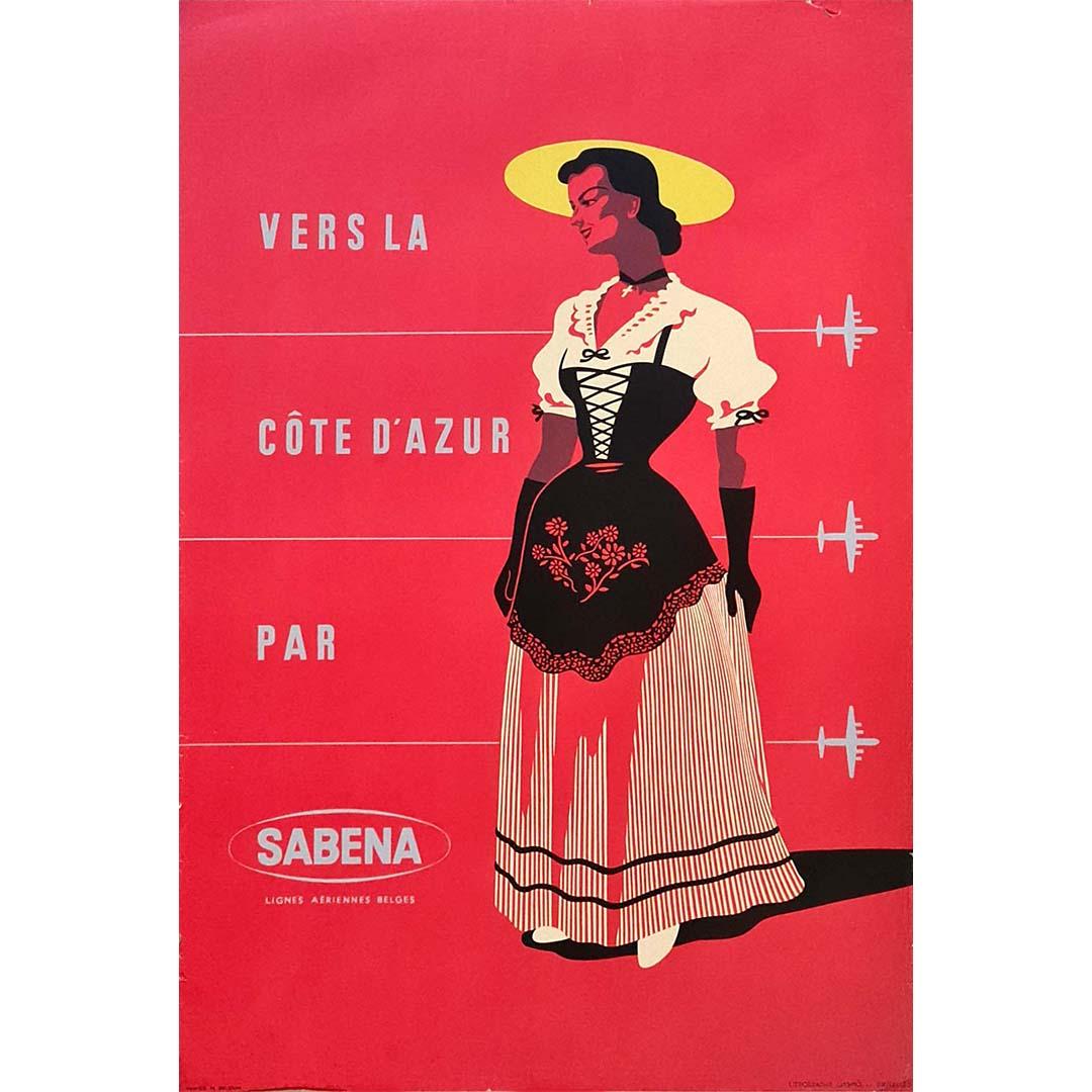 Sabena, acronym for Société Anonyme Belge d'Exploitation de la Navigation Aérienne, was once the Belgian national airline.
Founded in 1923, it unfortunately went bankrupt in 2001.
On this beautiful poster advertising a trip to the French Riviera by