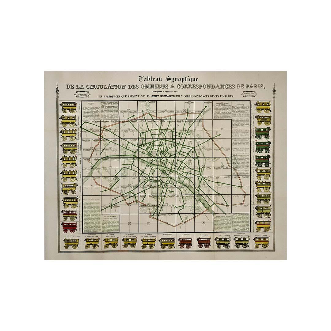 This remarkable original poster offers a snapshot of the Parisian public transportation system before 1854, capturing the intricate network of horse-drawn omnibuses that circulated throughout the capital. Titled “Tableau synoptique de la circulation