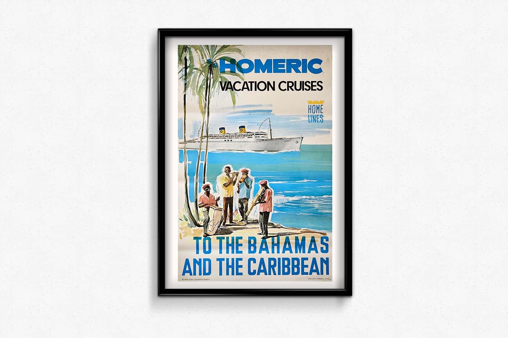 The original poster advertising S/S Homeric vacation cruises by Home Lines in 1972 offers a captivating glimpse into the allure of luxury travel to the Bahamas and the Caribbean during the era.
Crafted with vibrant colors and evocative imagery, the