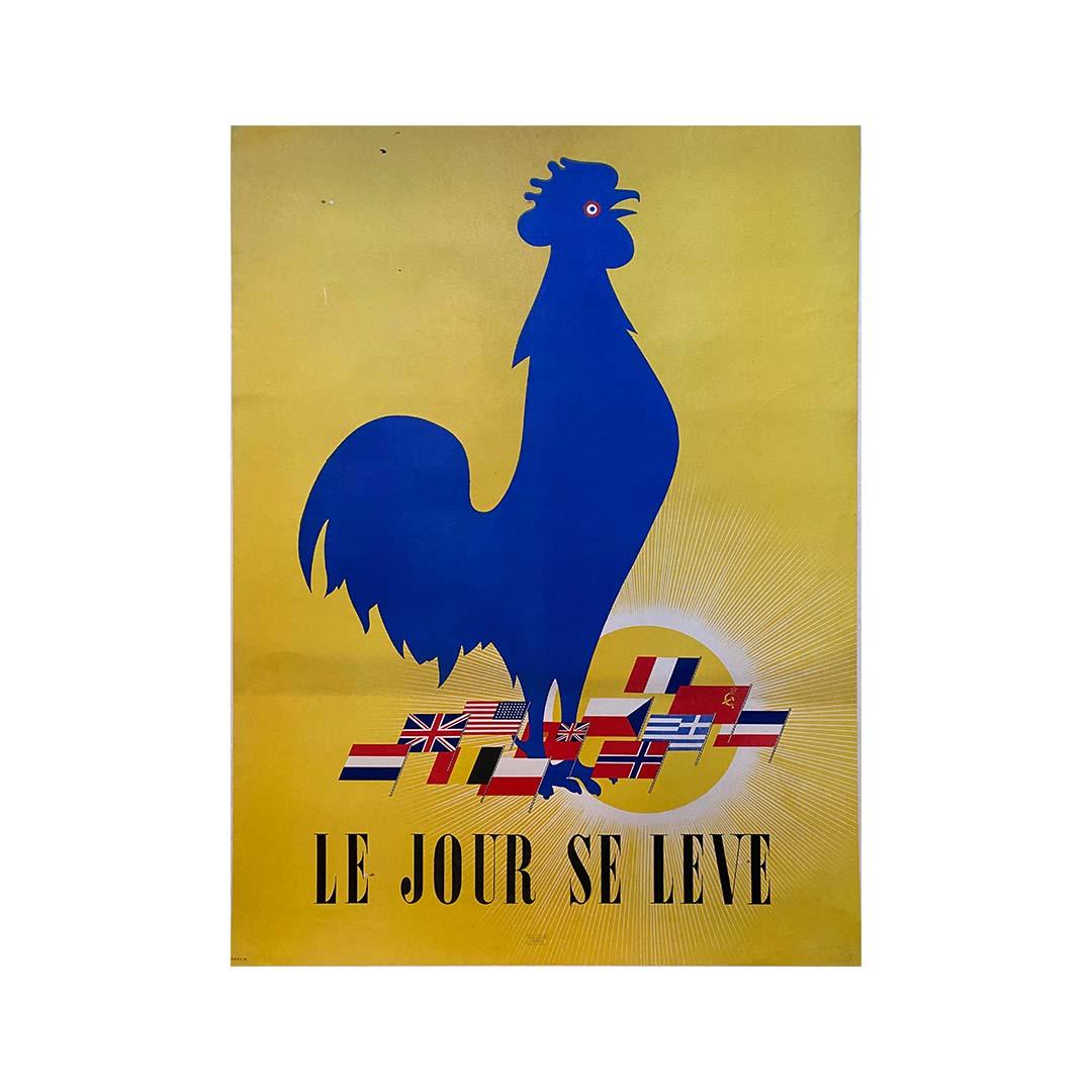 Dieses Plakat ist ein Synonym für Hoffnung. Wir befinden uns nämlich am Ende des Zweiten Weltkriegs und sehen einen französischen Hahn, der im Sonnenlicht über den Fahnen der Alliierten kräht. Der Krieg ist endlich vorbei, Zeit für Freude und
