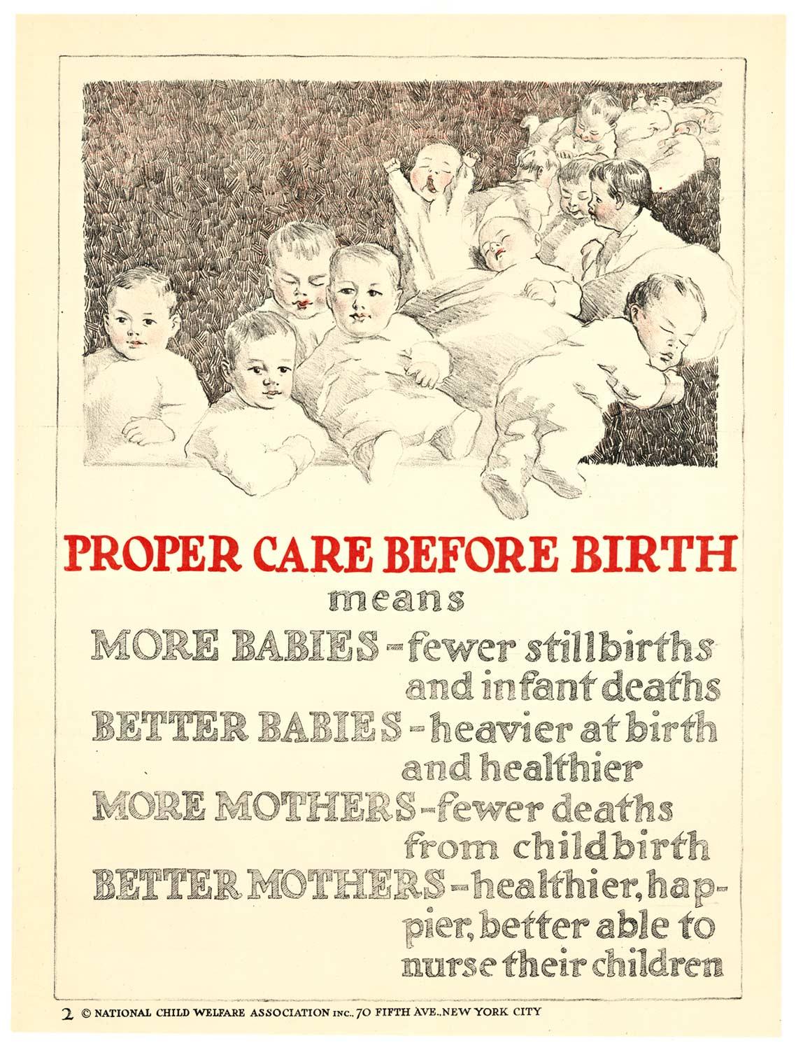 Affiche vintage d'origine « Proper Care Before Birth » signifie « More Babies » (avant la naissance)