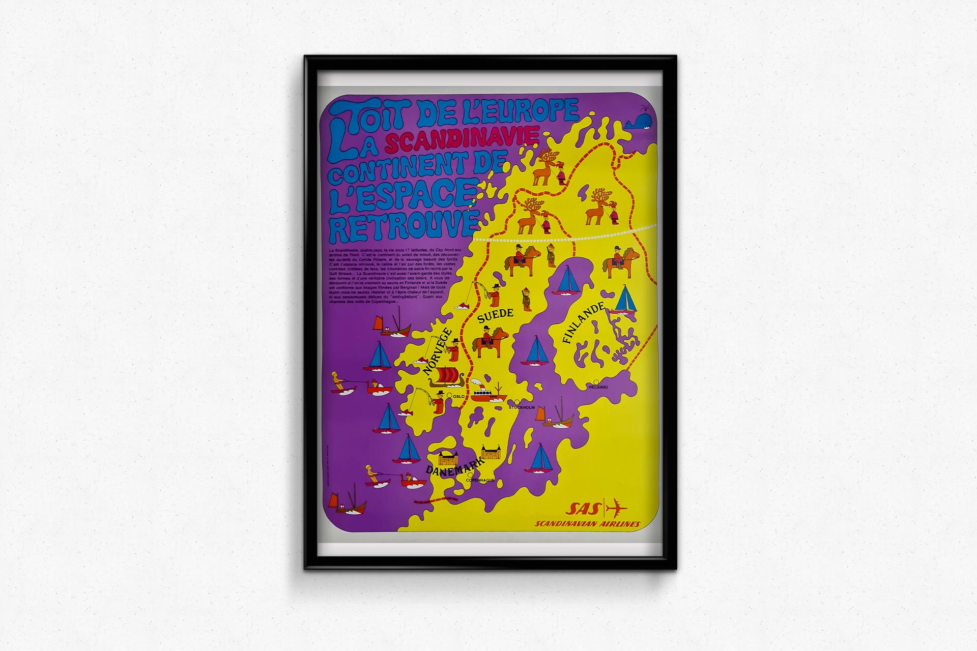 A very nice poster in a psychedelic style. It was made in the 60's, for the airline SAS to promote its travels to Scandinavia.

Airline Company - Tourism - Map

Scandinavian Airlines - Found space continent

Norway - Sweden - Finland -