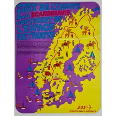 Vintage Original psychedelic travel poster for SAS to promote its travels to Scandinavia