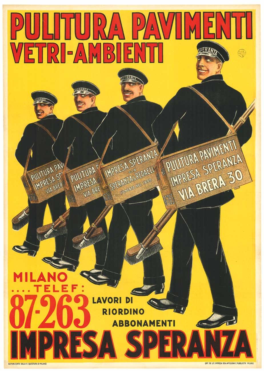 Manifesto d'epoca originale "Pulitura Pavimenti Impresa Speranza