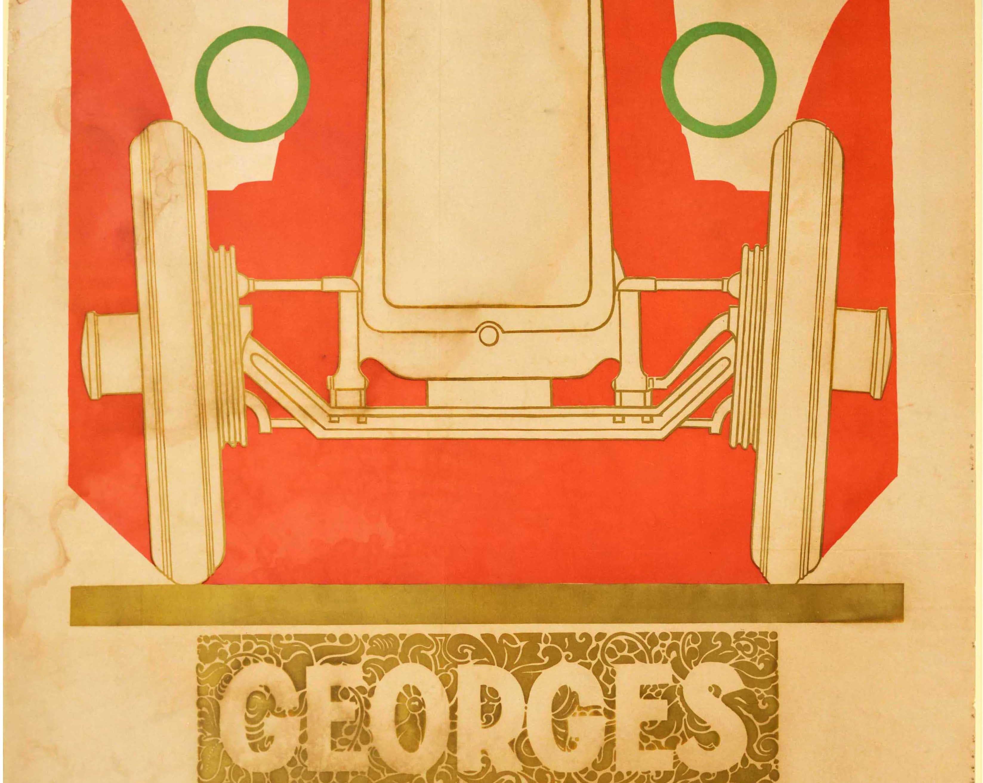 Seltenes, frühes, originales, antikes Werbeplakat für den französischen Automobilhersteller Georges Irat (1921-1953) mit einem stilisierten Art-Déco-Design, das ein klassisches Auto zeigt, das dem Betrachter zugewandt ist, mit dem fettgedruckten