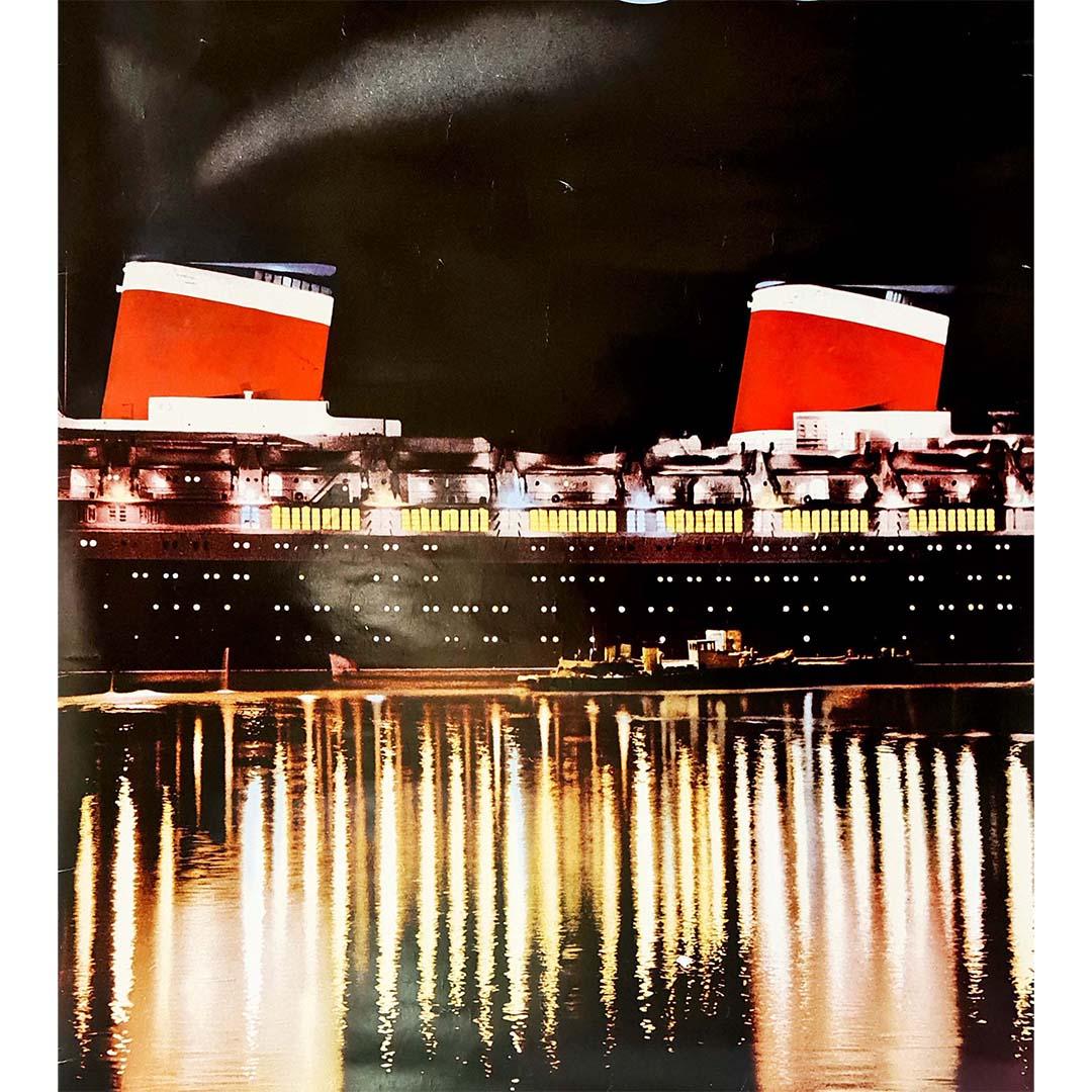 Original rare photo poster of the S.S. United States chimneys lit up at night For Sale 1