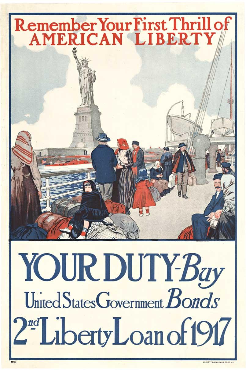 Cartel original:  Recuerda tu primera emoción de libertad americana  TU DEBER  Comprar bonos del Estado de Estados Unidos   2º Préstamo Libertad de 1917.   Respaldo de lino y listo para enmarcar.  Cartel que muestra a inmigrantes en la cubierta de